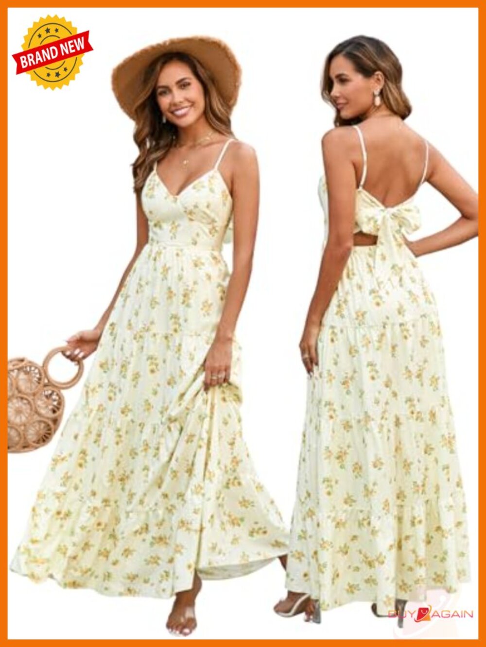 Women Floral Maxi Sundress Boho Beach V-Neck Spaghetti Strap A-Line Dress